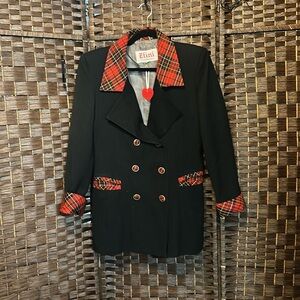 Women's Black Blazer with Red Plaid Accents